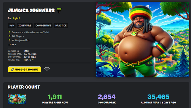 A screenshot of the Jamaica Zonewars thumbnail and player stats. 